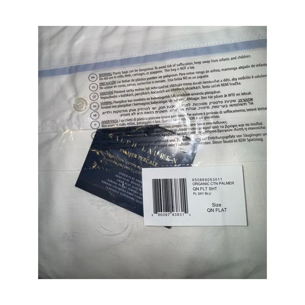 NEW Ralph Lauren Queen Flat Sheet Palmer White Sky Blue Organic Cotton Old Money